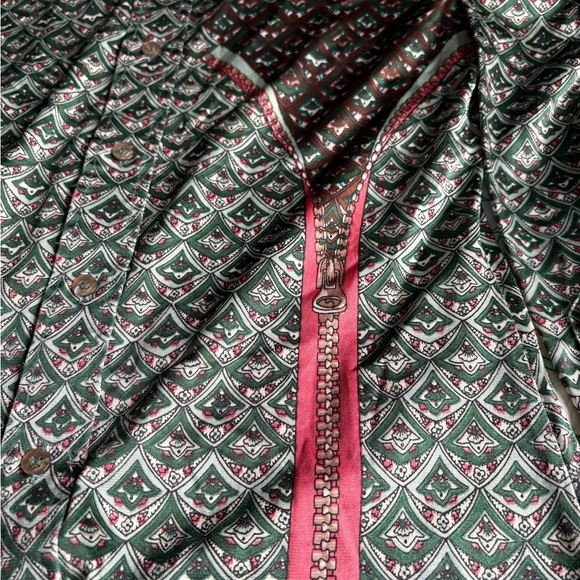 70s Wayne Rogers Shirt Nylon Designer Green Multiprint zipper M Button Vintage - Picture 3 of 8